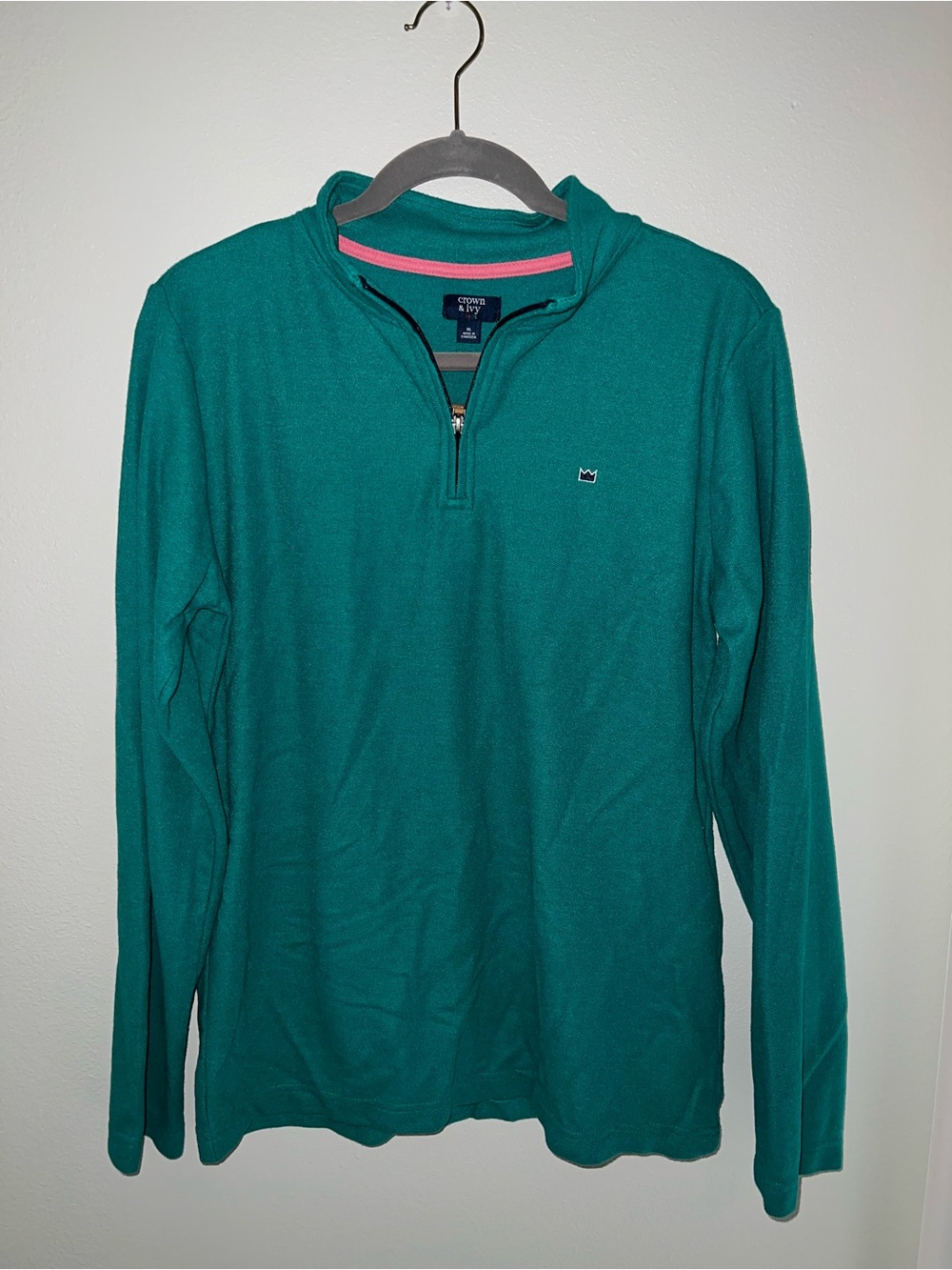 crown & ivy Teal Quarter-Zip Pullover with Pink Collar Trim